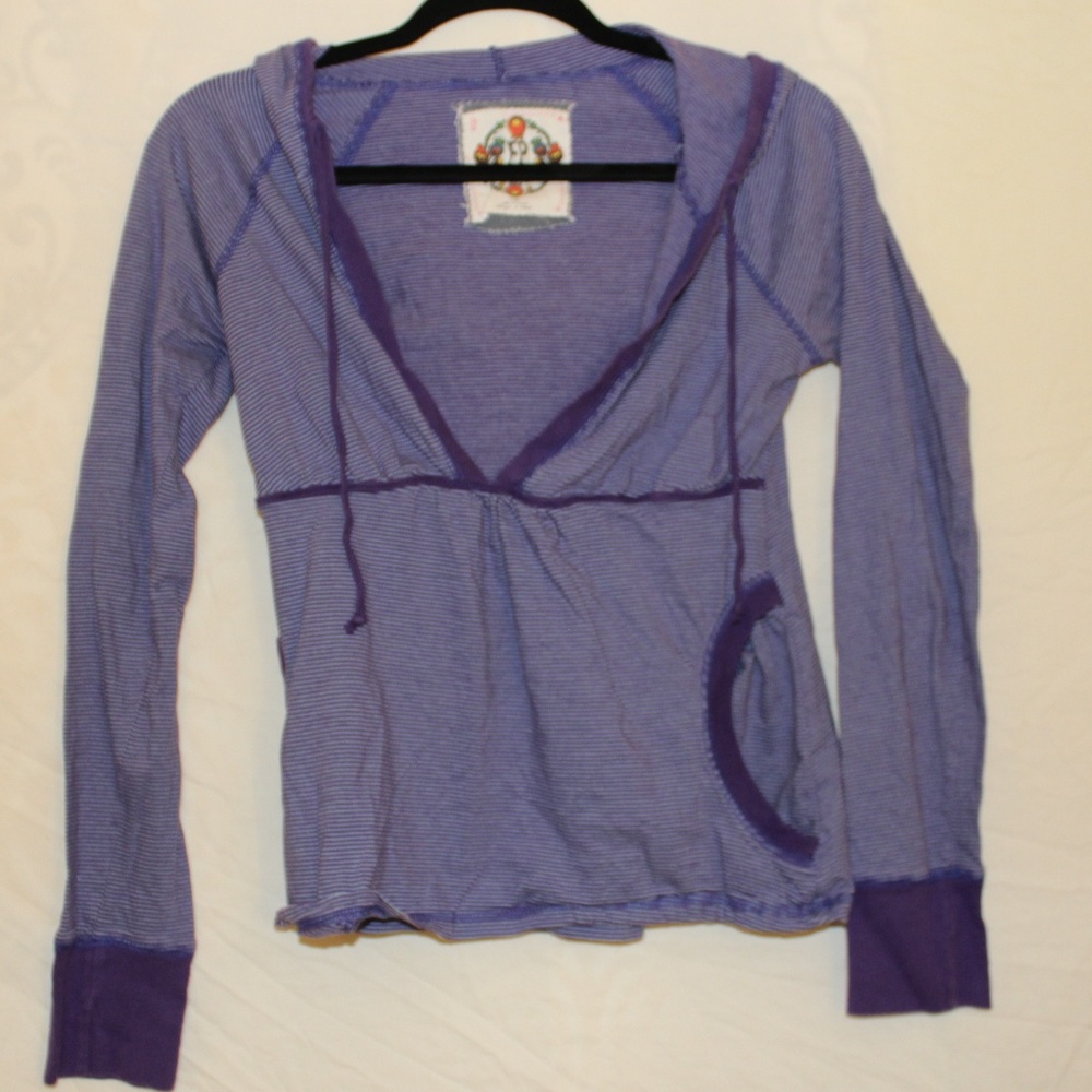 Free People Striped V-Neck Hoodie Pullover Size S